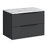 Milan Fluted 800mm Soft Black Vanity Unit - Wall Hung 2 Drawer Unit with Carrara Marble Worktop & Matt Black Handles