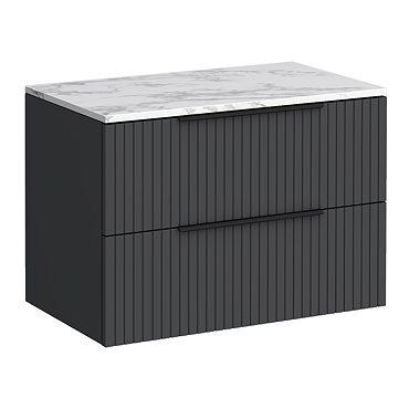 Milan Fluted 800mm Soft Black Vanity Unit - Wall Hung 2 Drawer Unit with Carrara Marble Worktop & Matt Black Handles