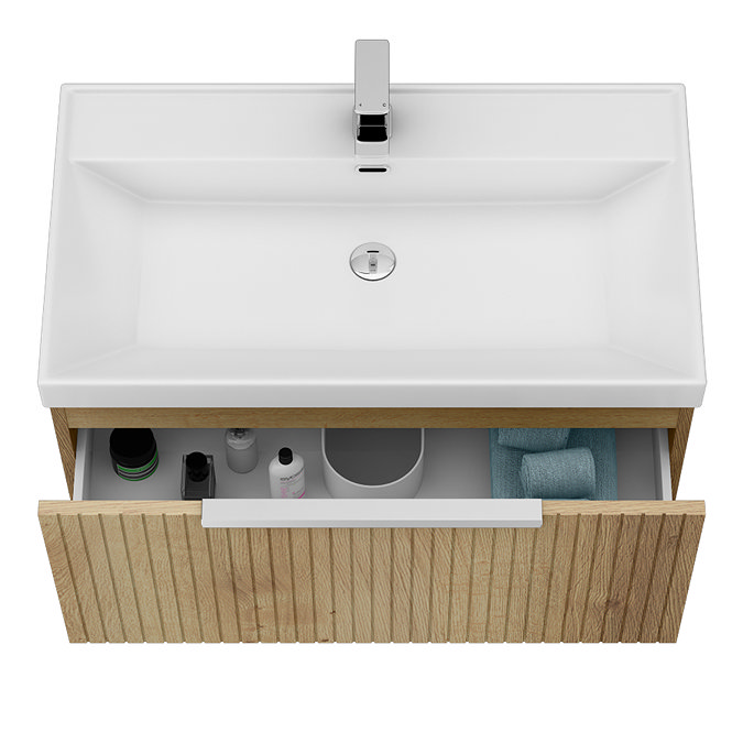 Milan Fluted 800mm Autumn Oak 1-Drawer Wall Hung Vanity Unit with Chrome Handle