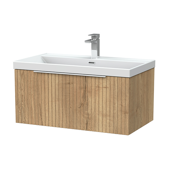 Milan Fluted 800mm Autumn Oak 1-Drawer Wall Hung Vanity Unit with Chrome Handle
