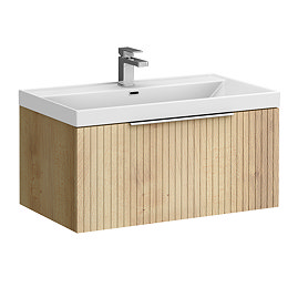 Milan Fluted 800mm Autumn Oak 1-Drawer Wall Hung Vanity Unit with Chrome Handle