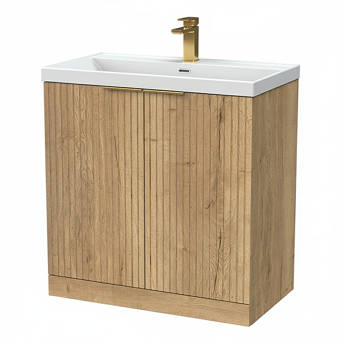 Milan Fluted 800mm Autumn Oak 2-Door Floor Standing Vanity Unit with Brushed Brass Handles