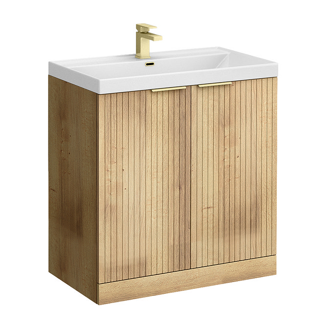 Milan Fluted 800mm Autumn Oak 2-Door Floor Standing Vanity Unit with Brushed Brass Handles