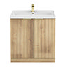 Milan Fluted 800mm Autumn Oak 2-Door Floor Standing Vanity Unit with Brushed Brass Handles
