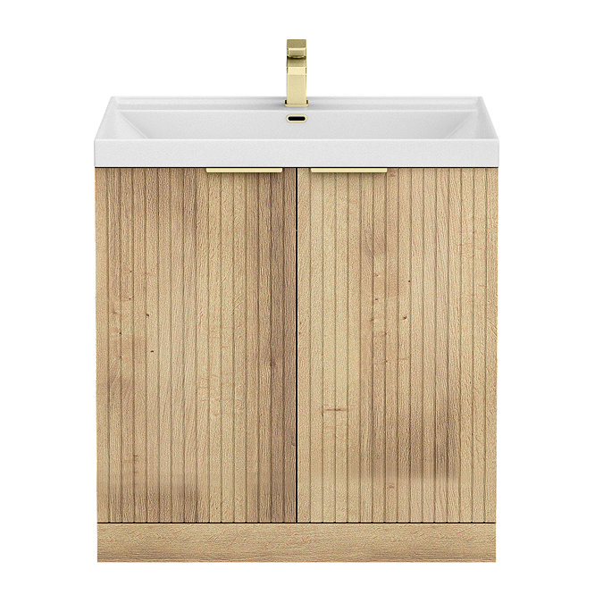 Milan Fluted 800mm Autumn Oak 2-Door Floor Standing Vanity Unit with Brushed Brass Handles