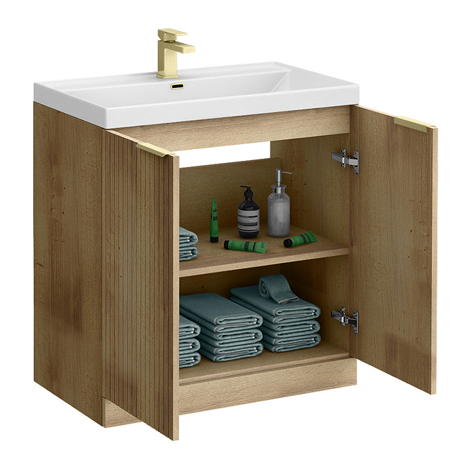 Milan Fluted 800mm Autumn Oak 2-Door Floor Standing Vanity Unit with Brushed Brass Handles