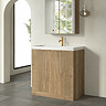 Milan Fluted 800mm Autumn Oak 2-Door Floor Standing Vanity Unit with Brushed Brass Handles