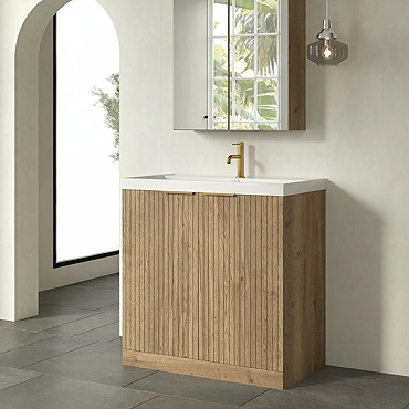 Milan Fluted 800mm Autumn Oak 2-Door Floor Standing Vanity Unit with Brushed Brass Handles