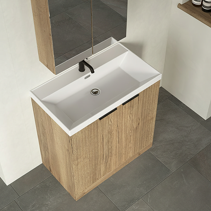 Milan Fluted 800mm Autumn Oak 2-Door Floor Standing Vanity Unit with Matt Black Handles