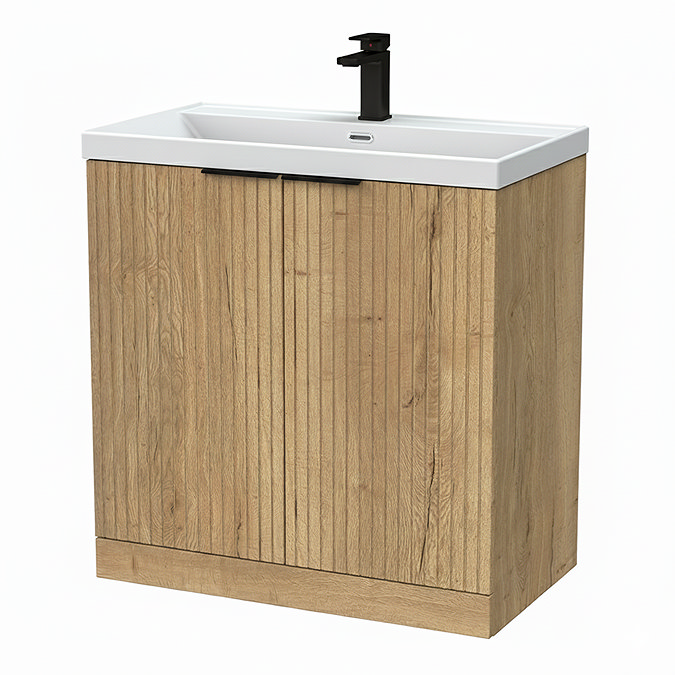 Milan Fluted 800mm Autumn Oak 2-Door Floor Standing Vanity Unit with Matt Black Handles