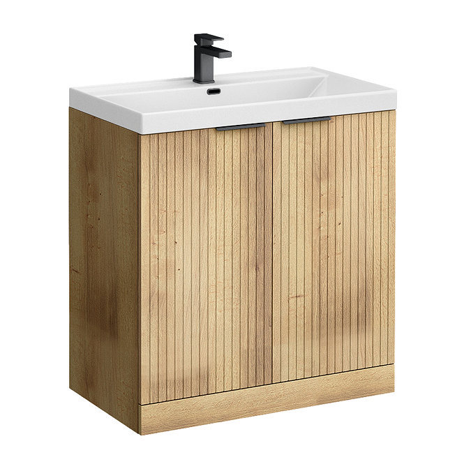 Milan Fluted 800mm Autumn Oak 2-Door Floor Standing Vanity Unit with Matt Black Handles