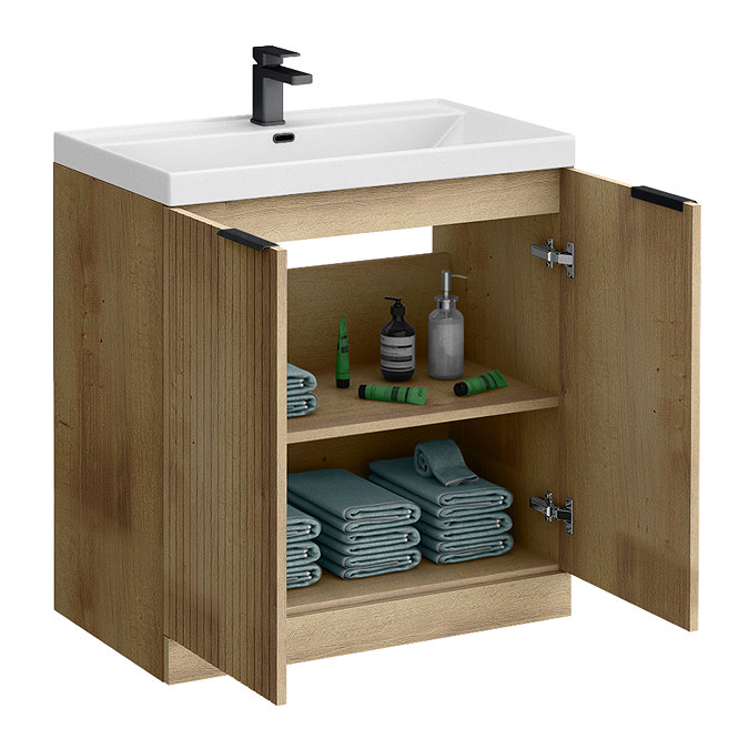 Milan Fluted 800mm Autumn Oak 2-Door Floor Standing Vanity Unit with Matt Black Handles