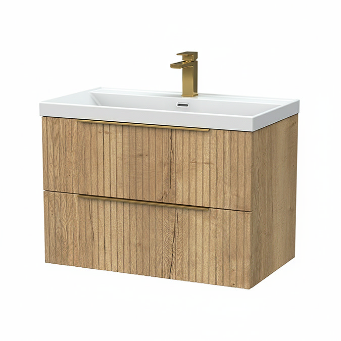 Milan Fluted 800mm Autumn Oak 2-Drawer Wall Hung Vanity Unit with Brushed Brass Handles