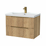 Milan Fluted 800mm Autumn Oak 2-Drawer Wall Hung Vanity Unit with Brushed Brass Handles