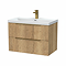 Milan Fluted 800mm Autumn Oak 2-Drawer Wall Hung Vanity Unit with Brushed Brass Handles