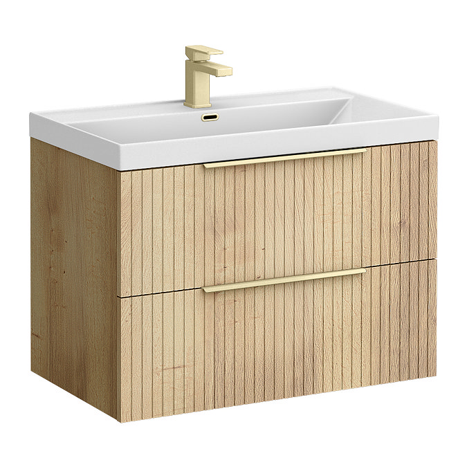 Milan Fluted 800mm Autumn Oak 2-Drawer Wall Hung Vanity Unit with Brushed Brass Handles