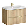 Milan Fluted 800mm Autumn Oak 2-Drawer Wall Hung Vanity Unit with Brushed Brass Handles