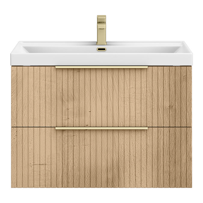 Milan Fluted 800mm Autumn Oak 2-Drawer Wall Hung Vanity Unit with Brushed Brass Handles