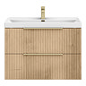 Milan Fluted 800mm Autumn Oak 2-Drawer Wall Hung Vanity Unit with Brushed Brass Handles