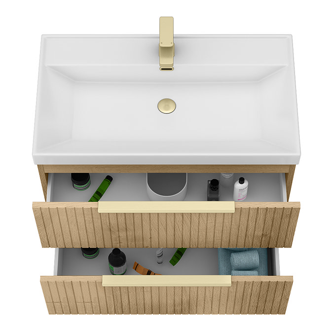 Milan Fluted 800mm Autumn Oak 2-Drawer Wall Hung Vanity Unit with Brushed Brass Handles