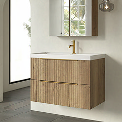 Milan Fluted 800mm Autumn Oak 2-Drawer Wall Hung Vanity Unit with Brushed Brass Handles
