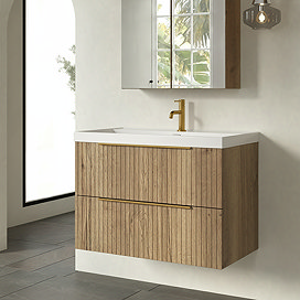 Milan Fluted 800mm Autumn Oak 2-Drawer Wall Hung Vanity Unit with Brushed Brass Handles