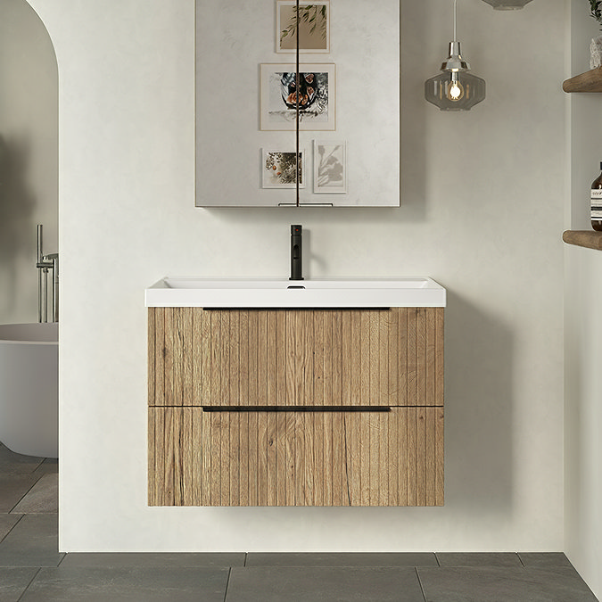 Milan Fluted 800mm Autumn Oak 2-Drawer Wall Hung Vanity Unit with Matt Black Handles