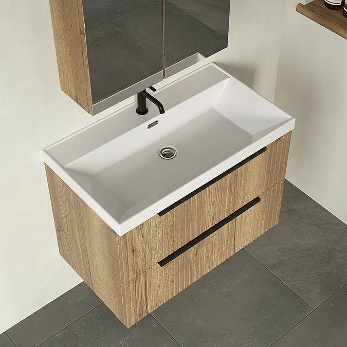 Milan Fluted 800mm Autumn Oak 2-Drawer Wall Hung Vanity Unit with Matt Black Handles