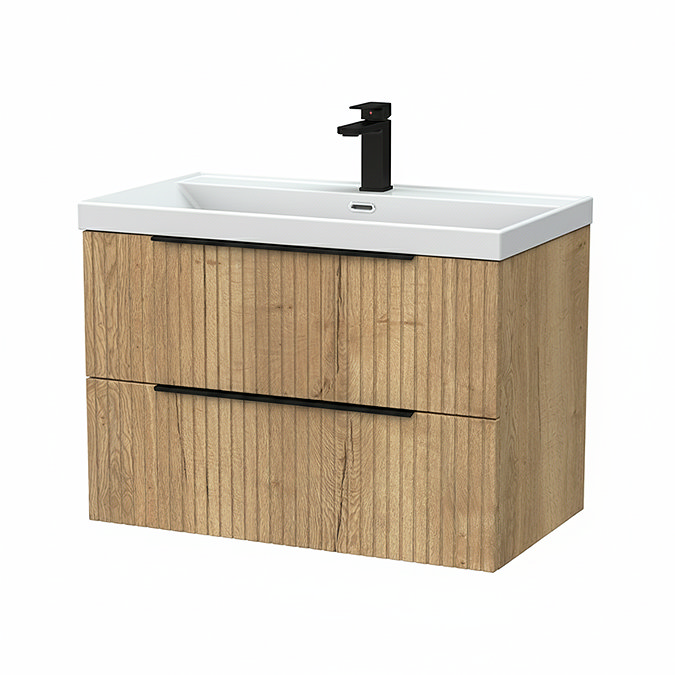 Milan Fluted 800mm Autumn Oak 2-Drawer Wall Hung Vanity Unit with Matt Black Handles