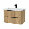 Milan Fluted 800mm Autumn Oak 2-Drawer Wall Hung Vanity Unit with Matt Black Handles