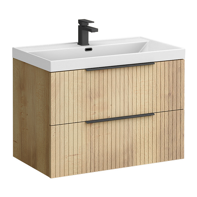 Milan Fluted 800mm Autumn Oak 2-Drawer Wall Hung Vanity Unit with Matt Black Handles