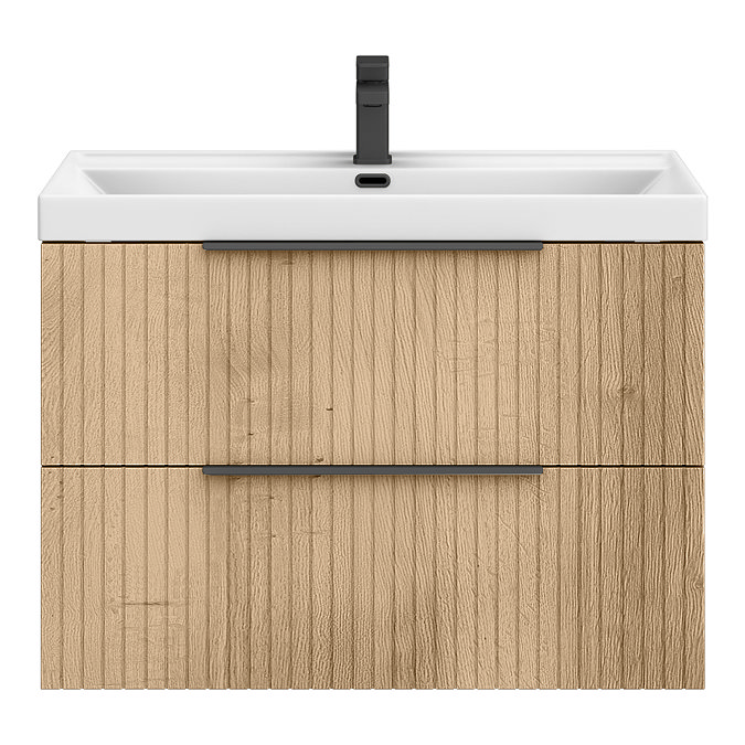 Milan Fluted 800mm Autumn Oak 2-Drawer Wall Hung Vanity Unit with Matt Black Handles