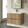 Milan Fluted 800mm Autumn Oak 2-Drawer Wall Hung Vanity Unit with Matt Black Handles