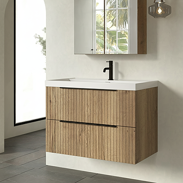 Milan Fluted 800mm Autumn Oak 2-Drawer Wall Hung Vanity Unit with Matt Black Handles