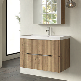 Milan Fluted 800mm Autumn Oak 2-Drawer Wall Hung Vanity Unit