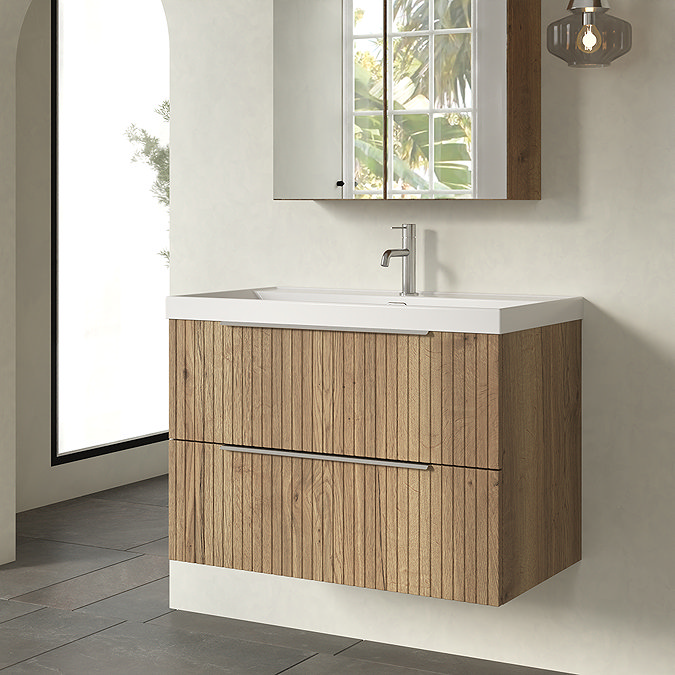 Milan Fluted 800mm Autumn Oak 2-Drawer Wall Hung Vanity Unit