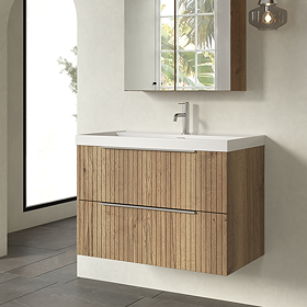 Milan Fluted 800mm Autumn Oak 2-Drawer Wall Hung Vanity Unit