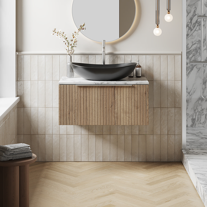 Milan Fluted 800mm Autumn Oak Vanity Unit - Wall Hung 1 Drawer Unit with Carrara Marble Worktop & Chrome Handle