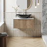 Milan Fluted 800mm Autumn Oak Vanity Unit - Wall Hung 1 Drawer Unit with Carrara Marble Worktop & Chrome Handle