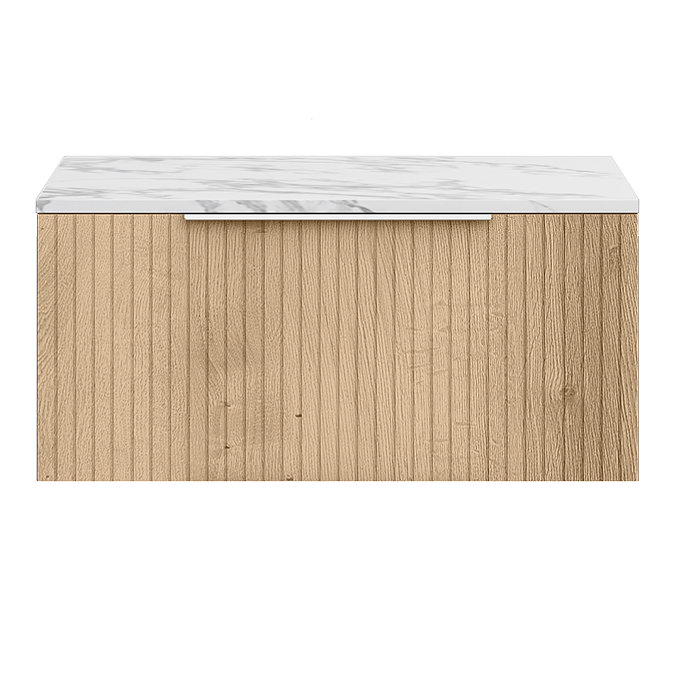 Milan Fluted 800mm Autumn Oak Vanity Unit - Wall Hung 1 Drawer Unit with Carrara Marble Worktop & Chrome Handle