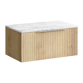 Milan Fluted 800mm Autumn Oak Vanity Unit - Wall Hung 1 Drawer Unit with Carrara Marble Worktop & Chrome Handle