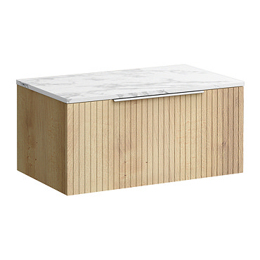 Milan Fluted 800mm Autumn Oak Vanity Unit - Wall Hung 1 Drawer Unit with Carrara Marble Worktop & Chrome Handle