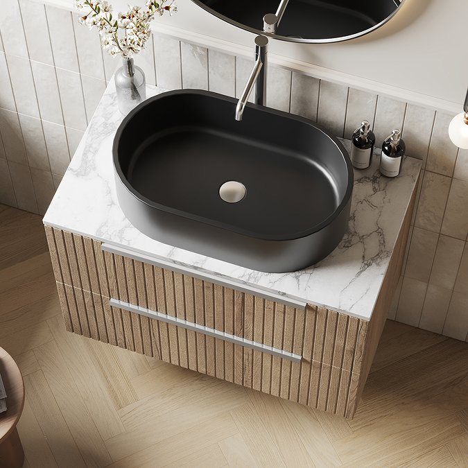 Milan Fluted 800mm Autumn Oak Vanity Unit - Wall Hung 2 Drawer Unit with Carrara Marble Worktop & Chrome Handles