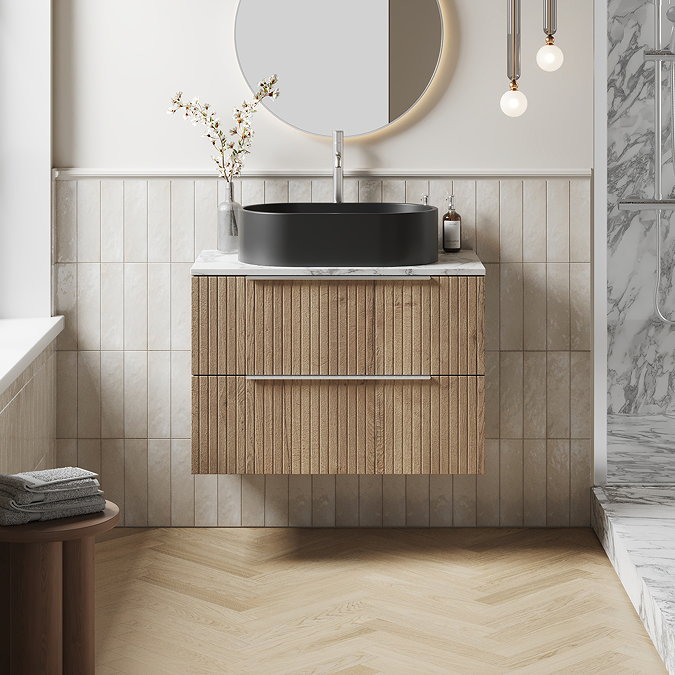 Milan Fluted 800mm Autumn Oak Vanity Unit - Wall Hung 2 Drawer Unit with Carrara Marble Worktop & Chrome Handles