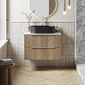 Milan Fluted 800mm Autumn Oak Vanity Unit - Wall Hung 2 Drawer Unit with Carrara Marble Worktop & Chrome Handles