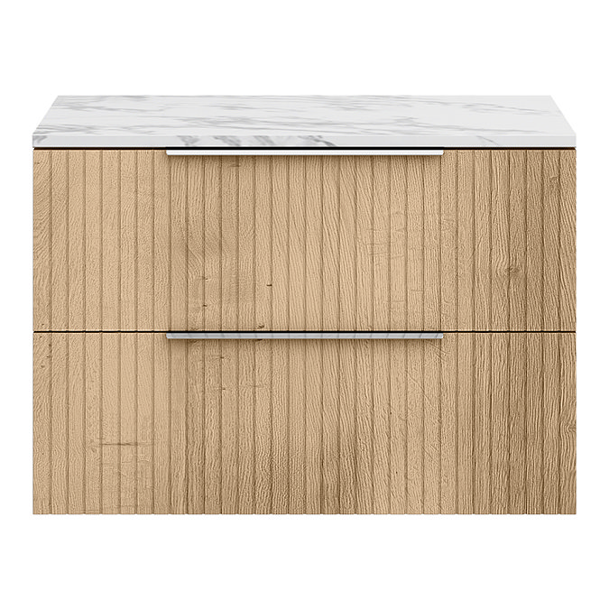 Milan Fluted 800mm Autumn Oak Vanity Unit - Wall Hung 2 Drawer Unit with Carrara Marble Worktop & Chrome Handles