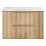 Milan Fluted 800mm Autumn Oak Vanity Unit - Wall Hung 2 Drawer Unit with Carrara Marble Worktop & Chrome Handles
