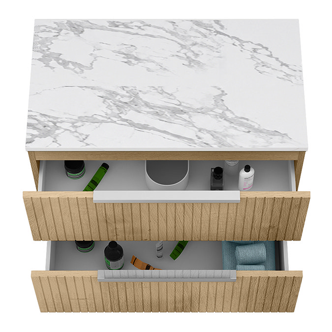Milan Fluted 800mm Autumn Oak Vanity Unit - Wall Hung 2 Drawer Unit with Carrara Marble Worktop & Chrome Handles