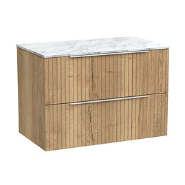 Milan Fluted 800mm Autumn Oak Vanity Unit - Wall Hung 2 Drawer Unit with Carrara Marble Worktop & Chrome Handles