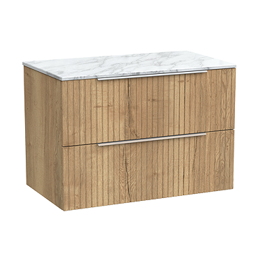 Milan Fluted 800mm Autumn Oak Vanity Unit - Wall Hung 2 Drawer Unit with Carrara Marble Worktop & Chrome Handles